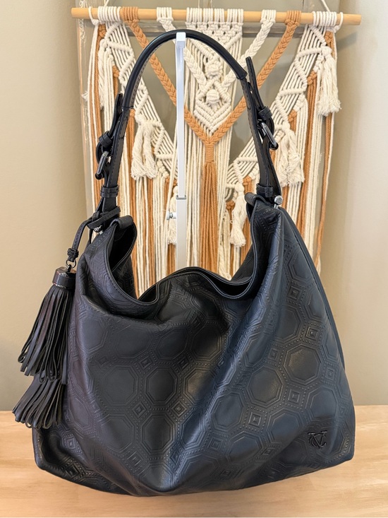 Vince Camuto Handbags - Vince Camuto Signature Black Embossed Leather Hobo Bag with Removable Tassels